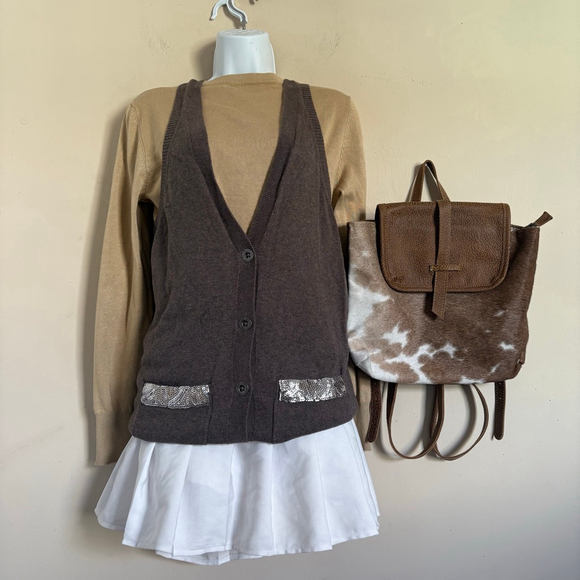 Hollister Vintage Y2K Brown Taupe Cardigan Sweater with Silver Sequins, Size S - Picture 3 of 16